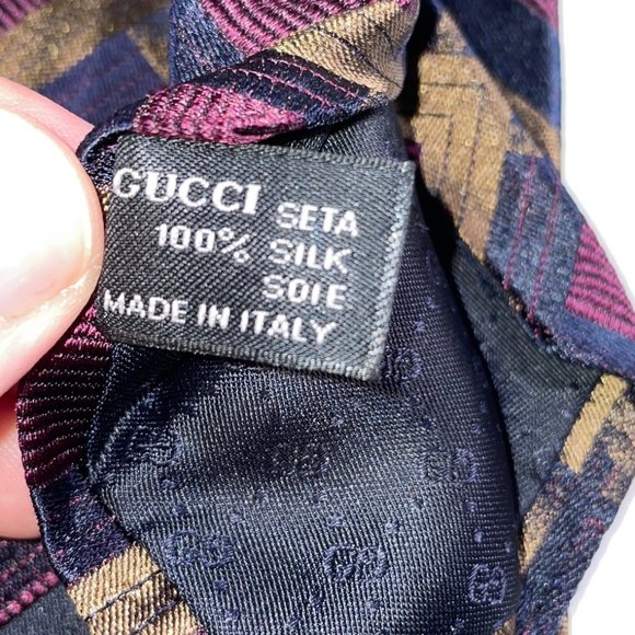 EUC Silk Gucci Tie In Burgundy, Gold & Black Geometric Diamond Pattern - Picture 8 of 8